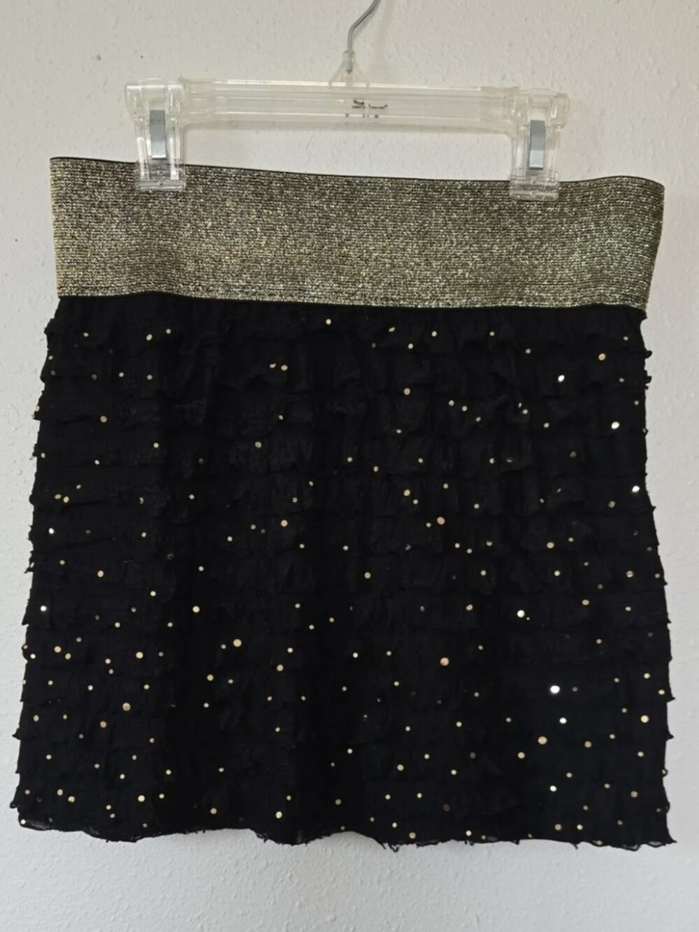 XOXO Black Ruffled Mini Skirt with Gold Metallic Waistband